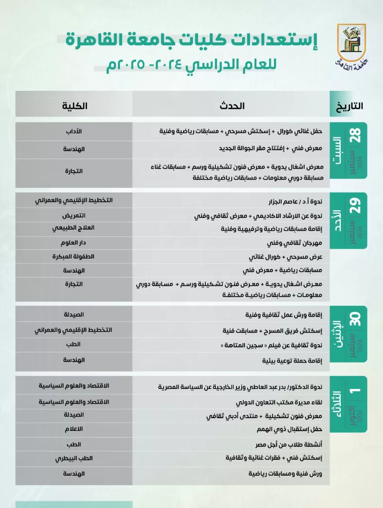 انطلاق العام الدراسي الجديد بجامعة القاهرة: فعاليات ثقافية ورياضية وفنية تشعل الحماس 2 - جريدة الجمهورية WhatsApp Image 2024 09 29 at 11.37.49 AM - جريدة الجمهورية