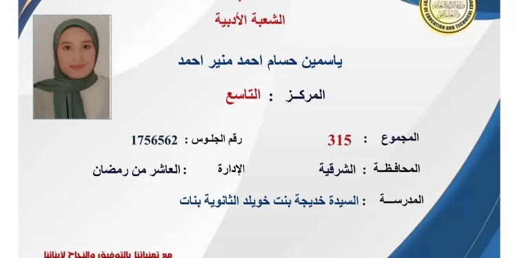 بنسبة 98.43%..  ياسمين حسام تحجز مقعدها بين أوائل الأدبي وطموحها الألسن