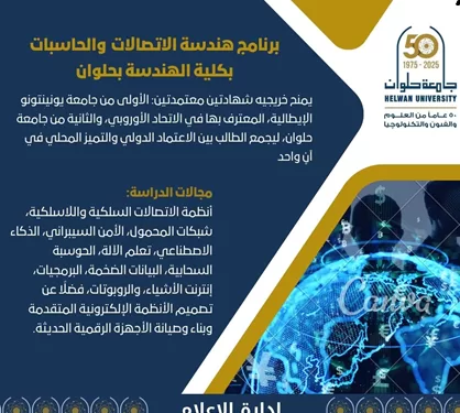 «تخرج بمهارات عالمية».. برنامج هندسة الاتصالات بجامعة حلوان يمنح شهادة دولية من إيطاليا