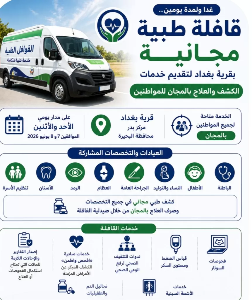 غدًا ولمدة يومين.. قافلة طبية بقرية «بغداد» بالبحيرة لتقديم خدمات الكشف والعلاج بالمجان 2 - جريدة الجمهورية WhatsApp Image 2026 06 06 at 2.08.18 PM - جريدة الجمهورية